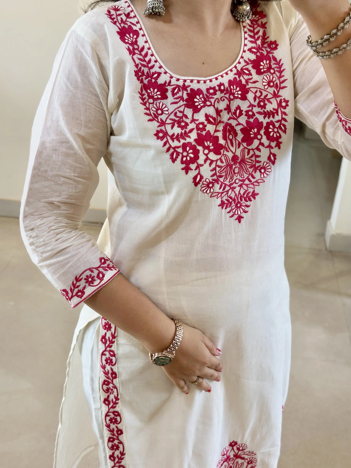 Off White Floral Embroidered Straight Suit Set for Women