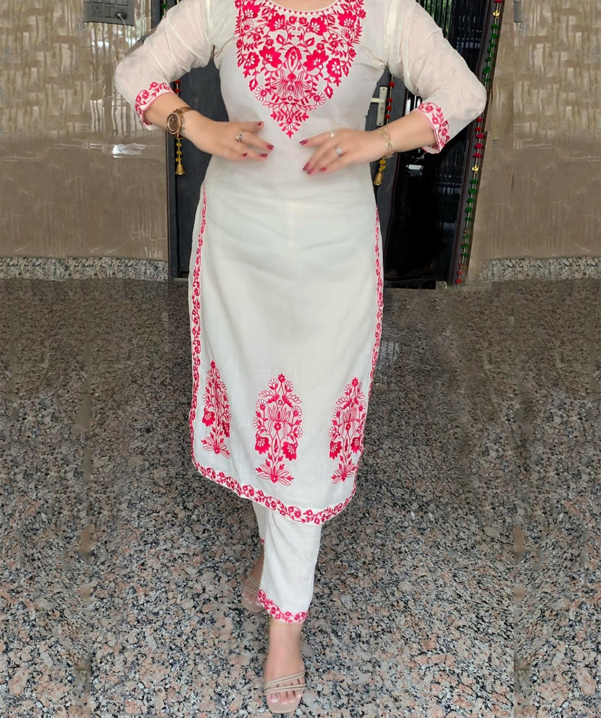 Off White Floral Embroidered Straight Suit Set for Women