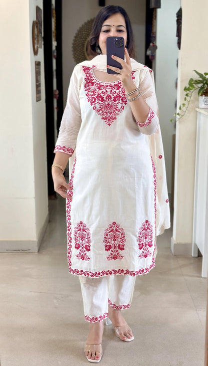 Off White Floral Embroidered Straight Suit Set for Women