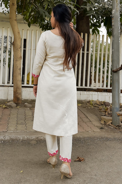 Off White Floral Embroidered Straight Suit Set for Women