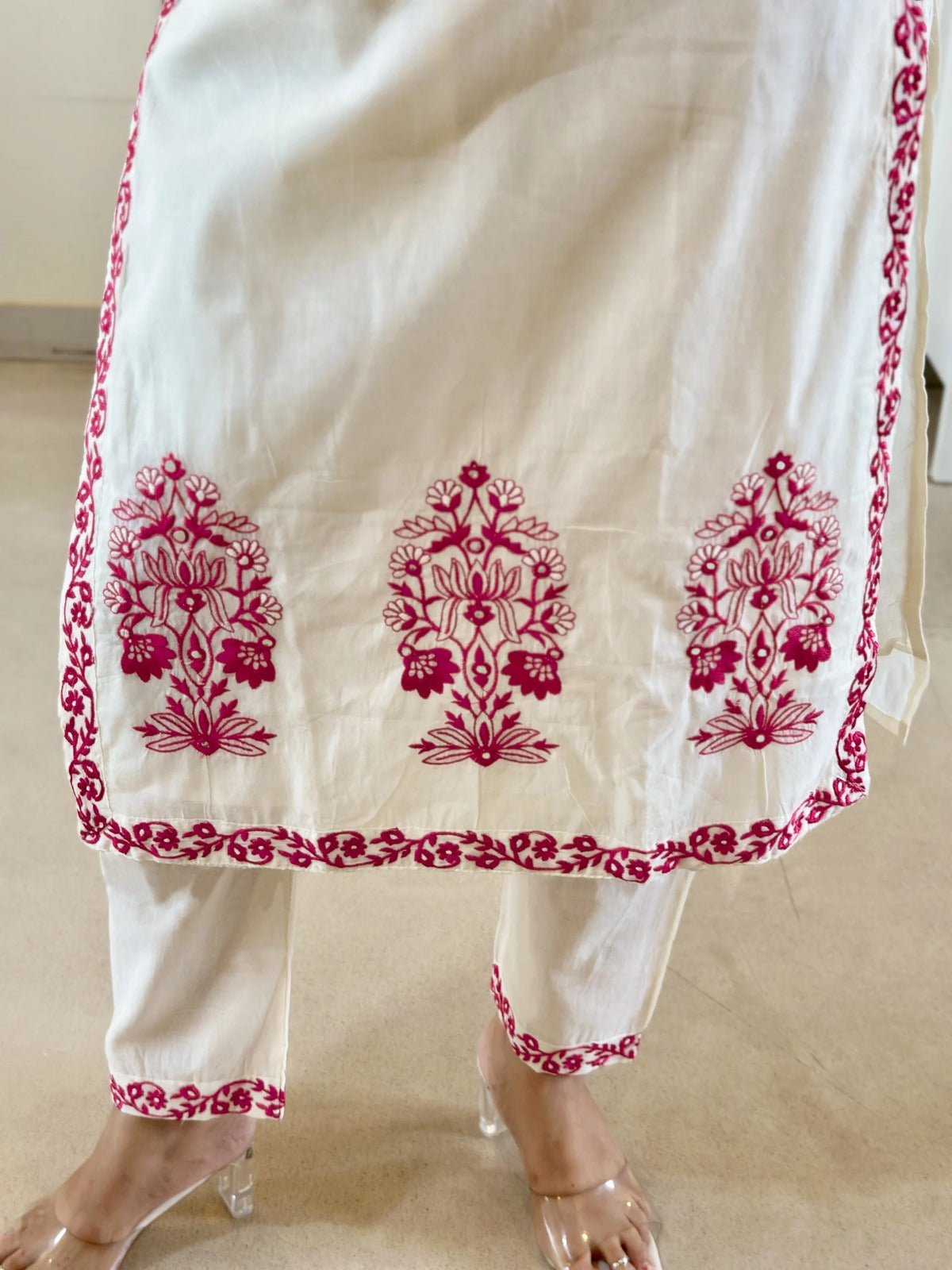 Off White Floral Embroidered Straight Suit Set for Women