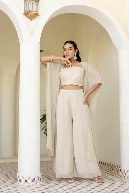 Off White Georgette Gotta Patti Three Piece Set with Palazzo and Shrug