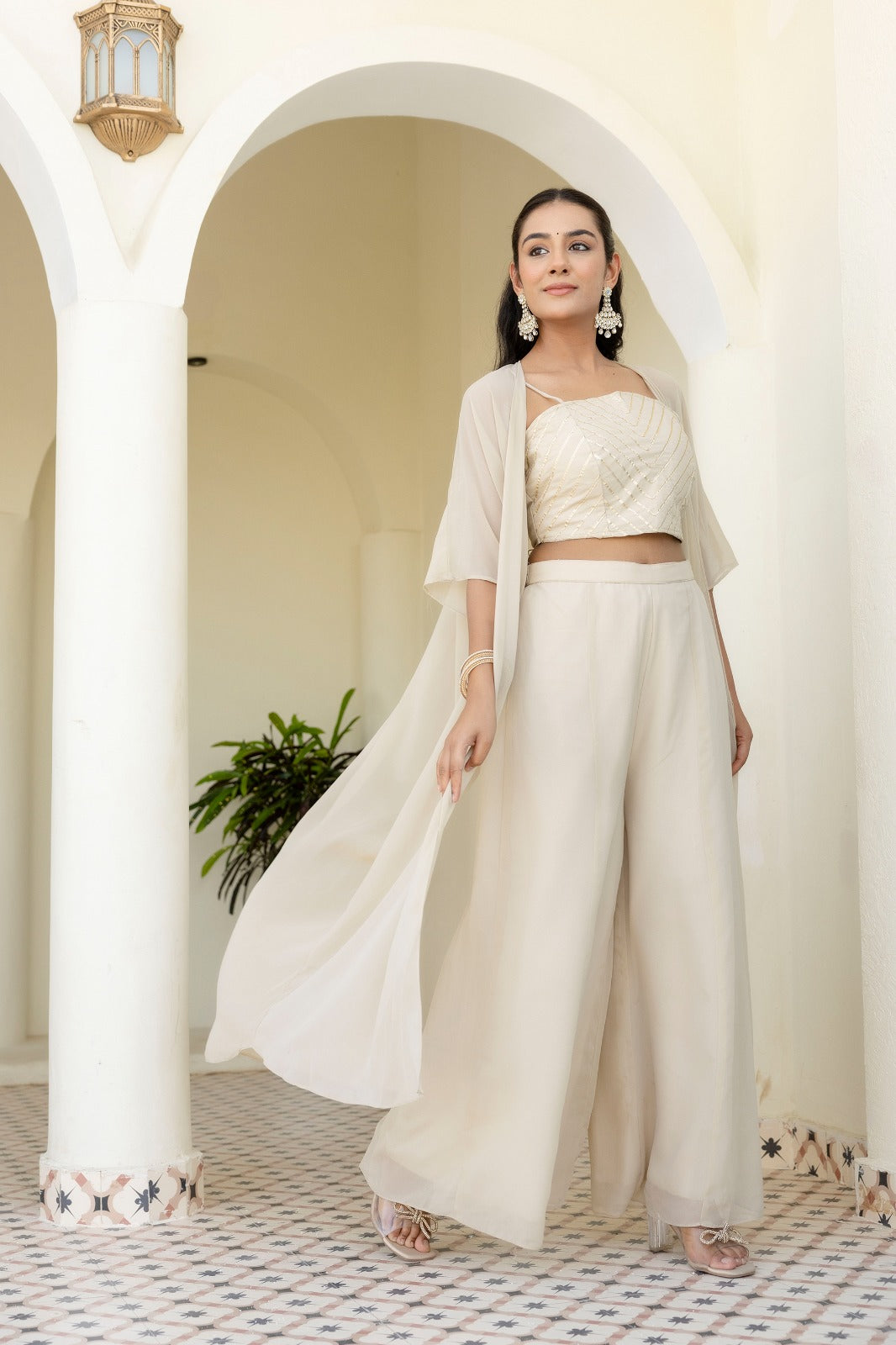 Off White Georgette Gotta Patti Three Piece Set with Palazzo and Shrug