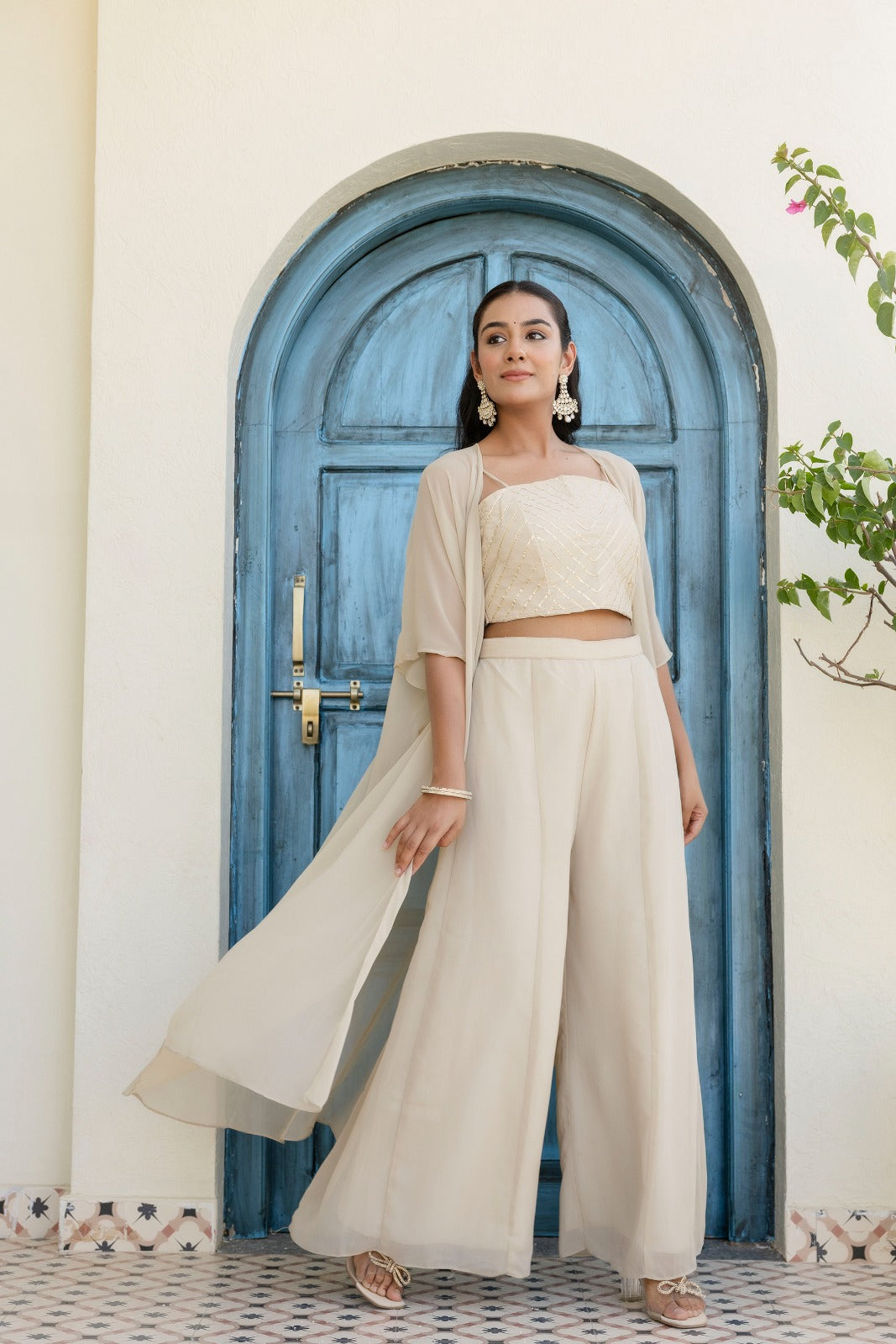 Off White Georgette Gotta Patti Three Piece Set with Palazzo and Shrug