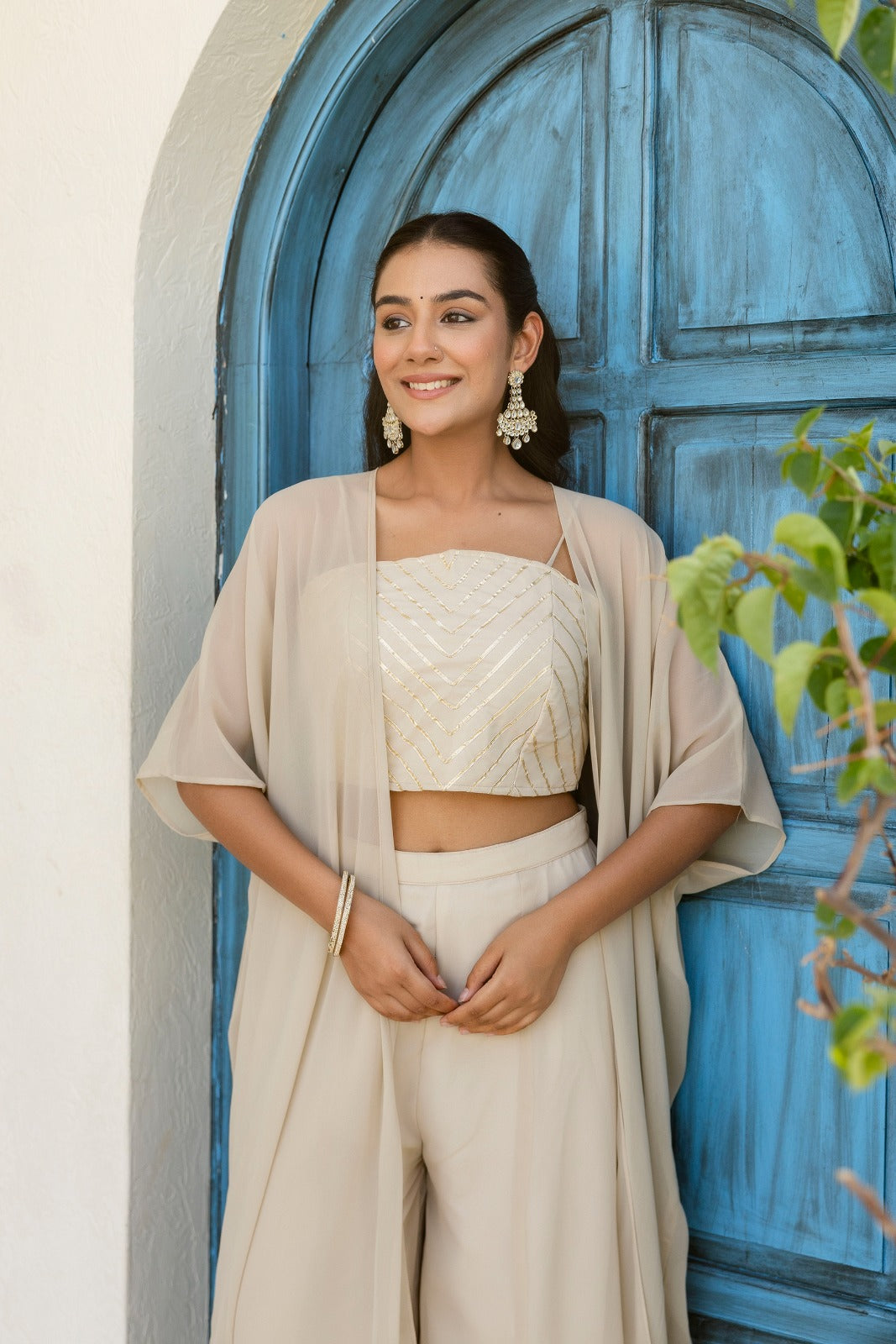 Off White Georgette Gotta Patti Three Piece Set with Palazzo and Shrug