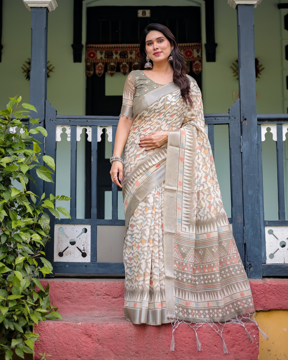 Off White Linen Cotton Printed Saree with Zari for Women
