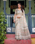 Off White Linen Cotton Printed Saree with Zari for Women