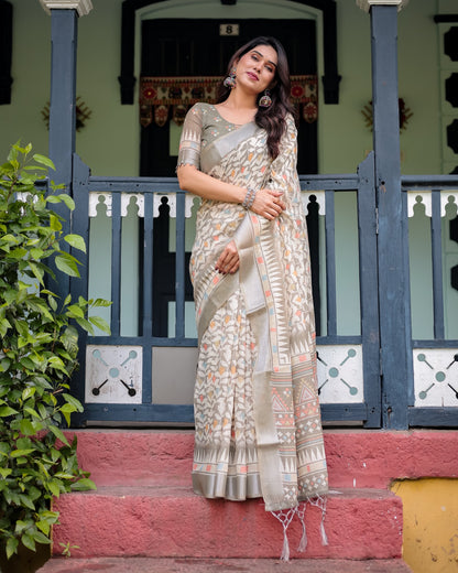 Off White Linen Cotton Printed Saree with Zari for Women