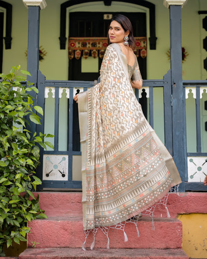 Off White Linen Cotton Printed Saree with Zari for Women