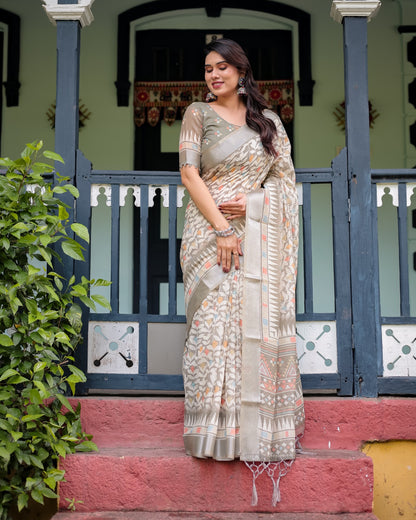 Off White Linen Cotton Printed Saree with Zari for Women