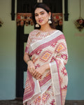 Off White Linen Saree with Tribal Prints & Designer Pallu
