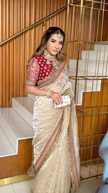 Off White Organza Silk Embroidered Saree with Sequin Butti Work