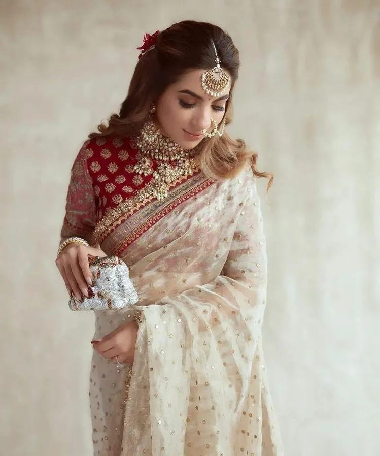 Off White Organza Silk Embroidered Saree with Sequin Butti Work - Party Wear