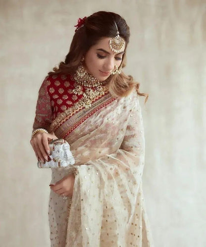 Off White Organza Silk Embroidered Saree with Sequin Butti Work