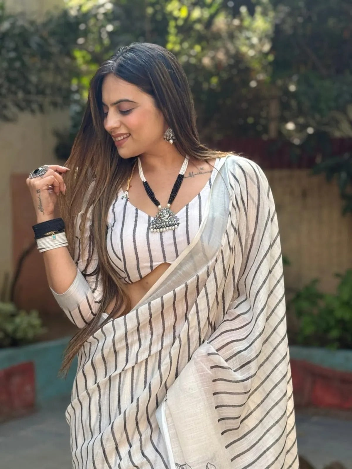 Off White Striped Linen Cotton Saree India for Women