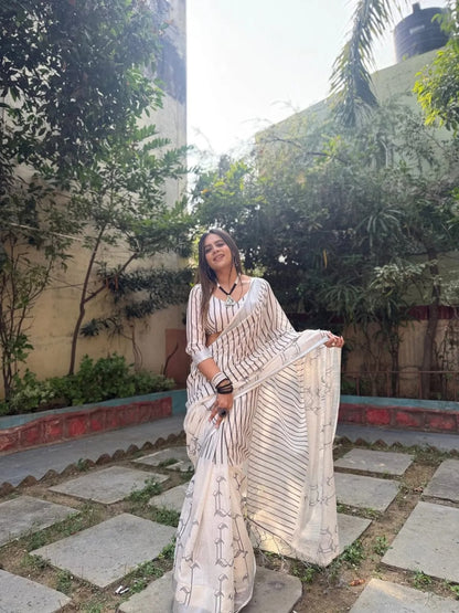 Off White Striped Linen Cotton Saree India for Women
