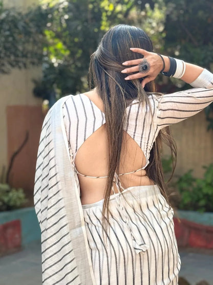 Off White Striped Linen Cotton Saree India for Women