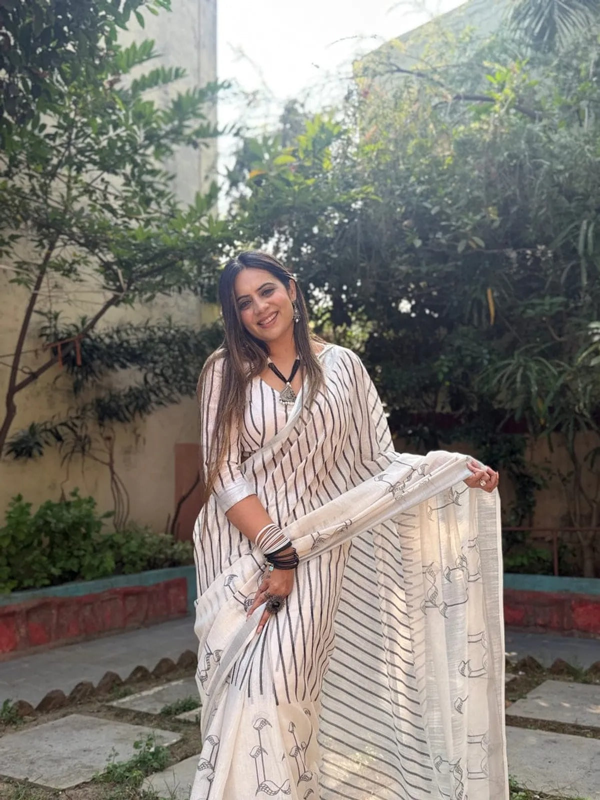 Off White Striped Linen Cotton Saree India for Women