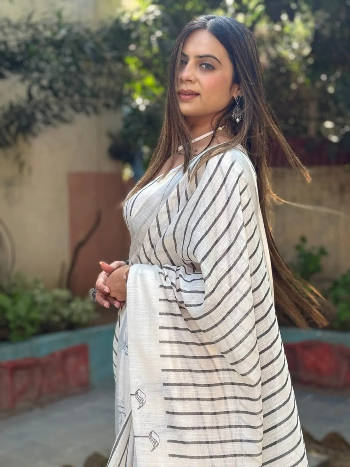 Off White Striped Linen Cotton Saree India for Women