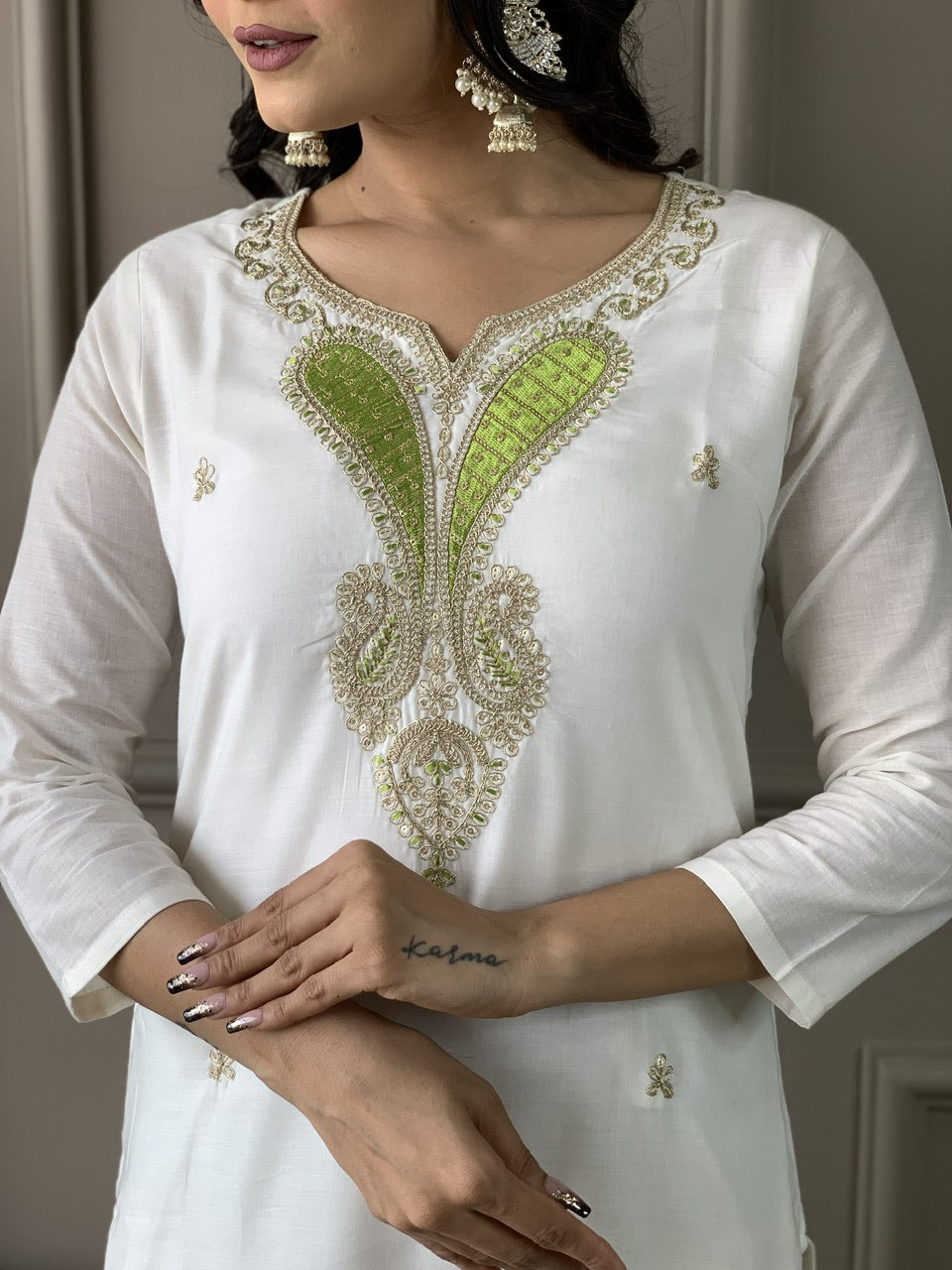 Off White Threadwork Salwar Suit with Green Jacquard Dupatta