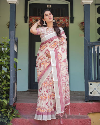 Off White Tribal Print Pure Linen Saree with Tassel Pallu for Women