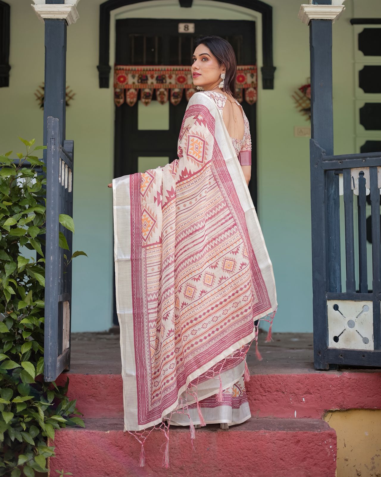 Off White Tribal Print Pure Linen Saree with Tassel Pallu