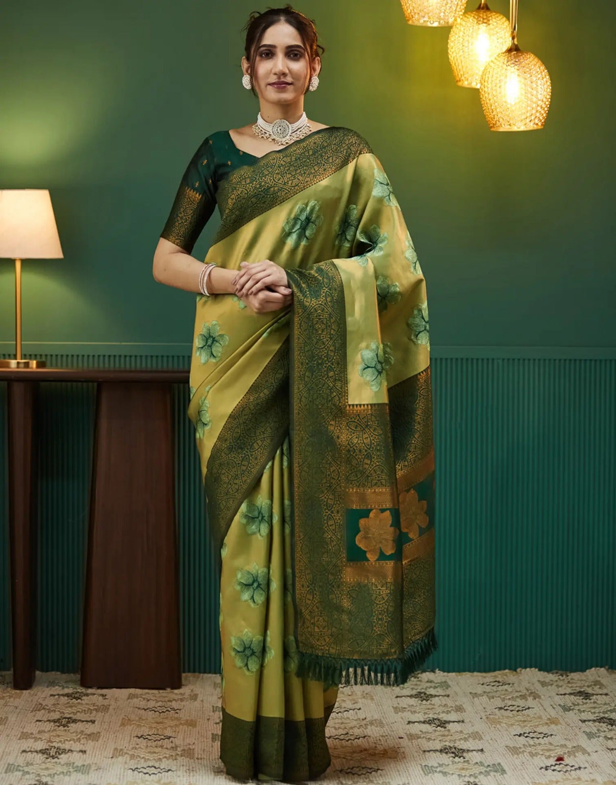 Olive Gold Banarasi Silk Saree with Rich Zari Bloom