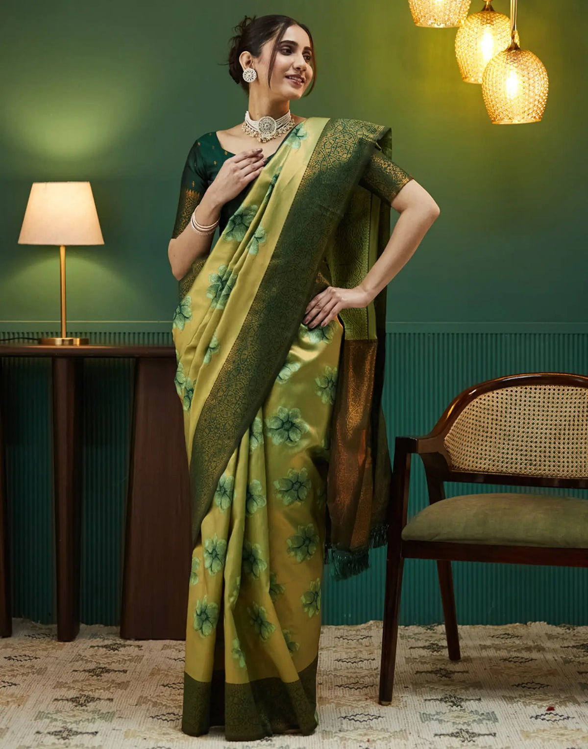 Olive Gold Banarasi Silk Saree with Rich Zari Bloom for Women