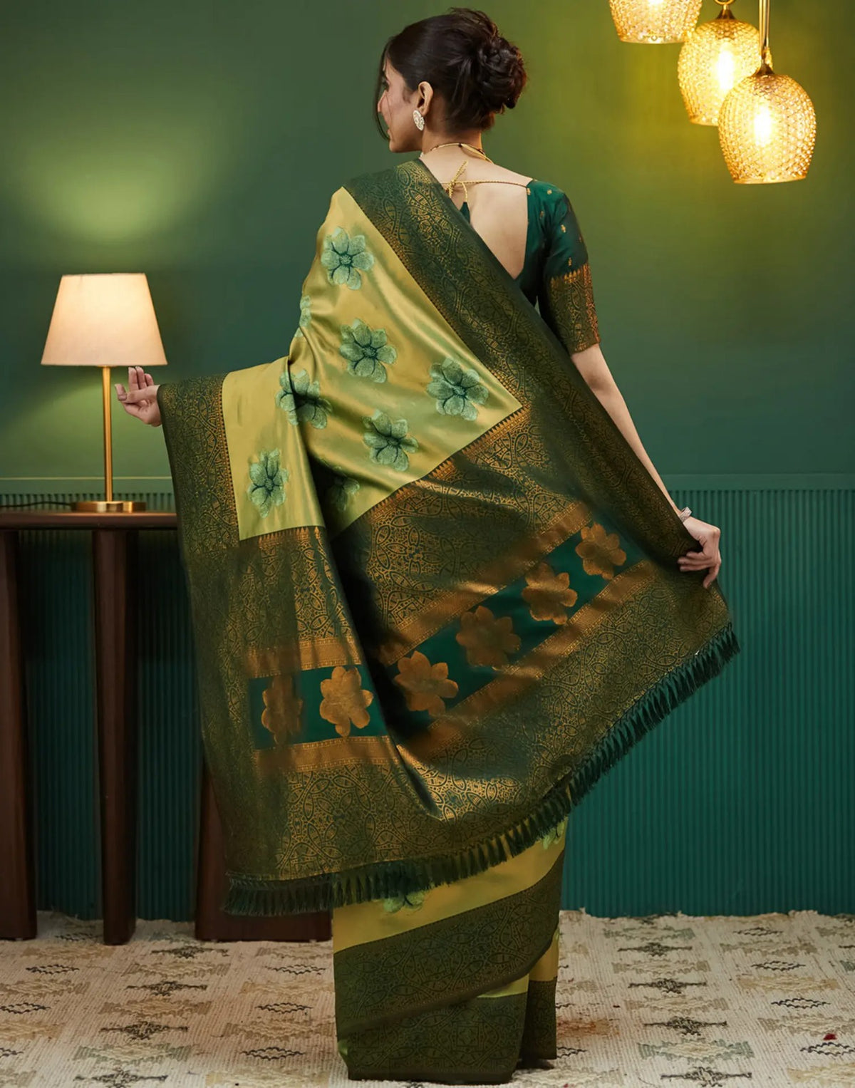 Olive Gold Banarasi Silk Saree with Rich Zari Bloom for Women