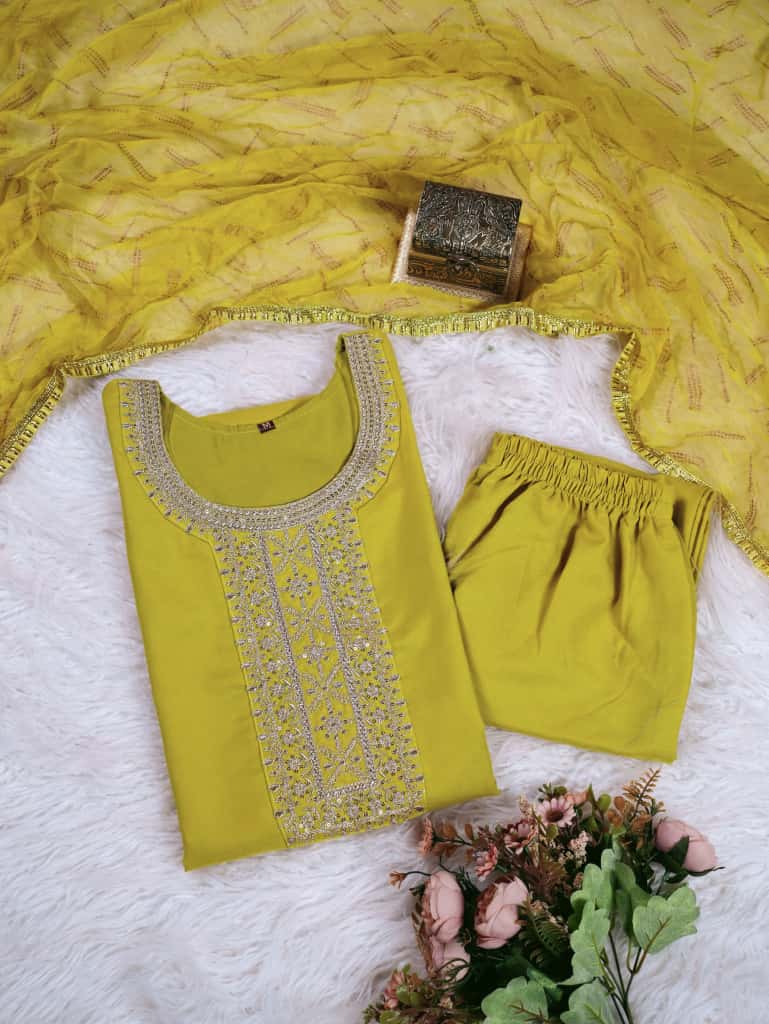Olive Designer Kurti Set with Amrai Silk Dupatta for Women