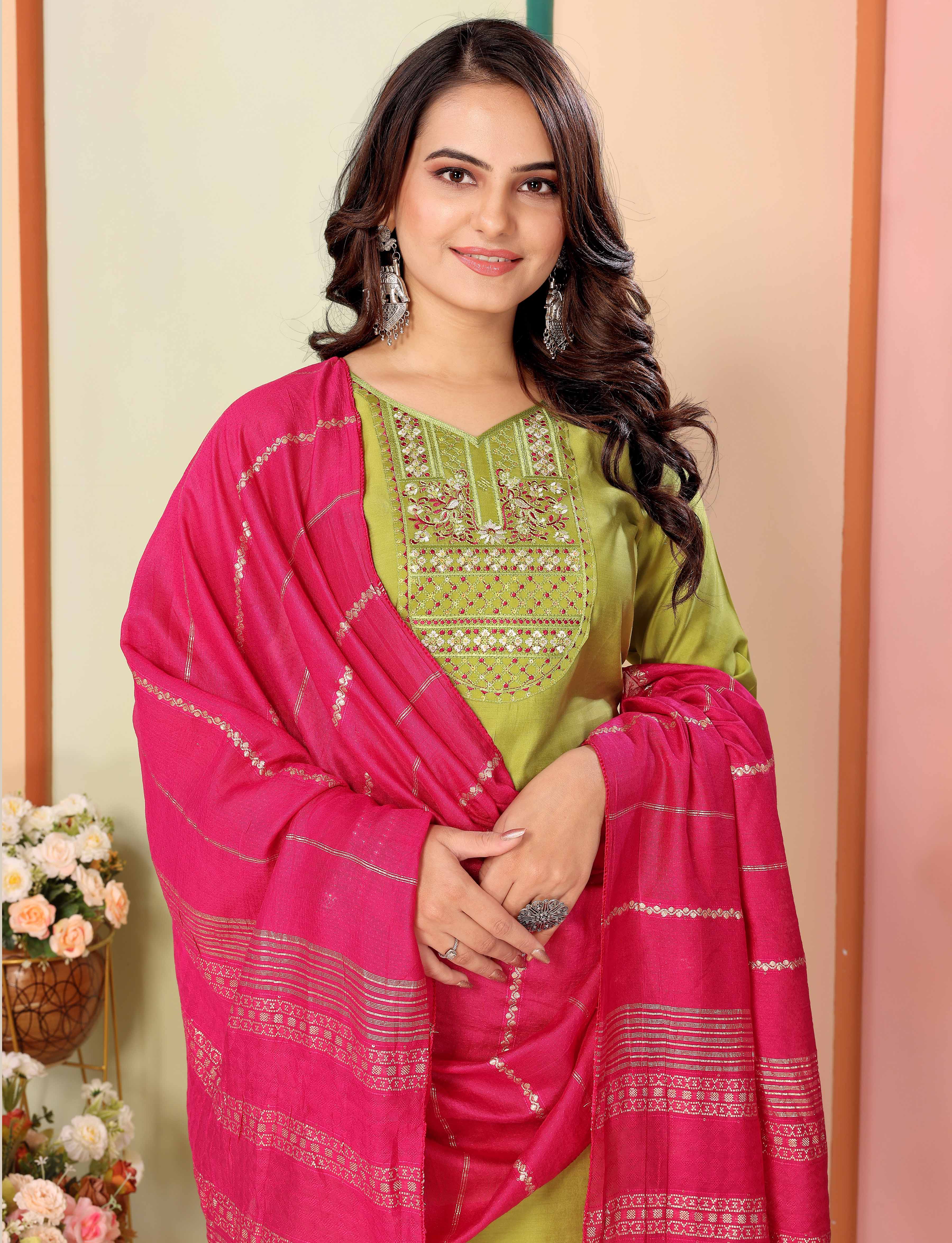 Olive Silk Embroidered Kurta Pant Dupatta Set Women