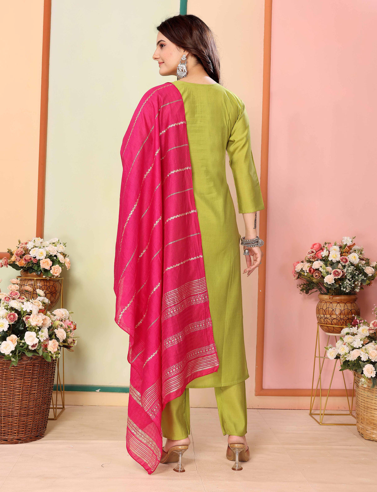 Olive Silk Embroidered Kurta Pant Dupatta Set Women for Women