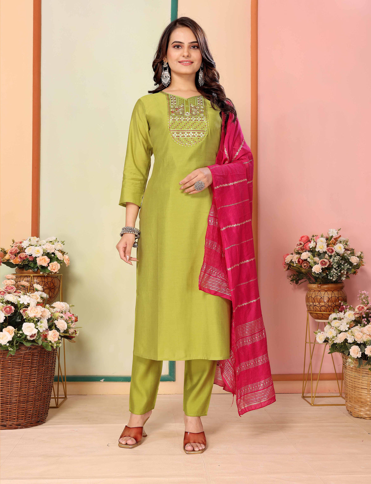 Olive Silk Embroidered Kurta Pant Dupatta Set Women for Women