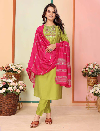 Olive Silk Embroidered Kurta Pant Dupatta Set Women for Women