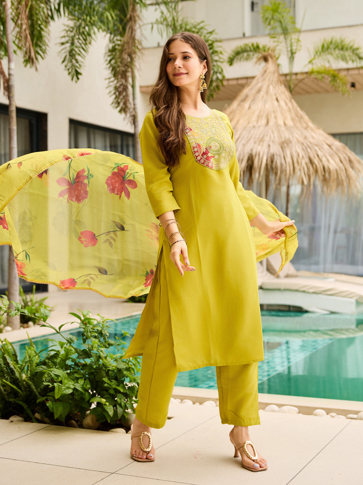 Olive Yellow Embroidered Kurti Set with Dupatta for Women