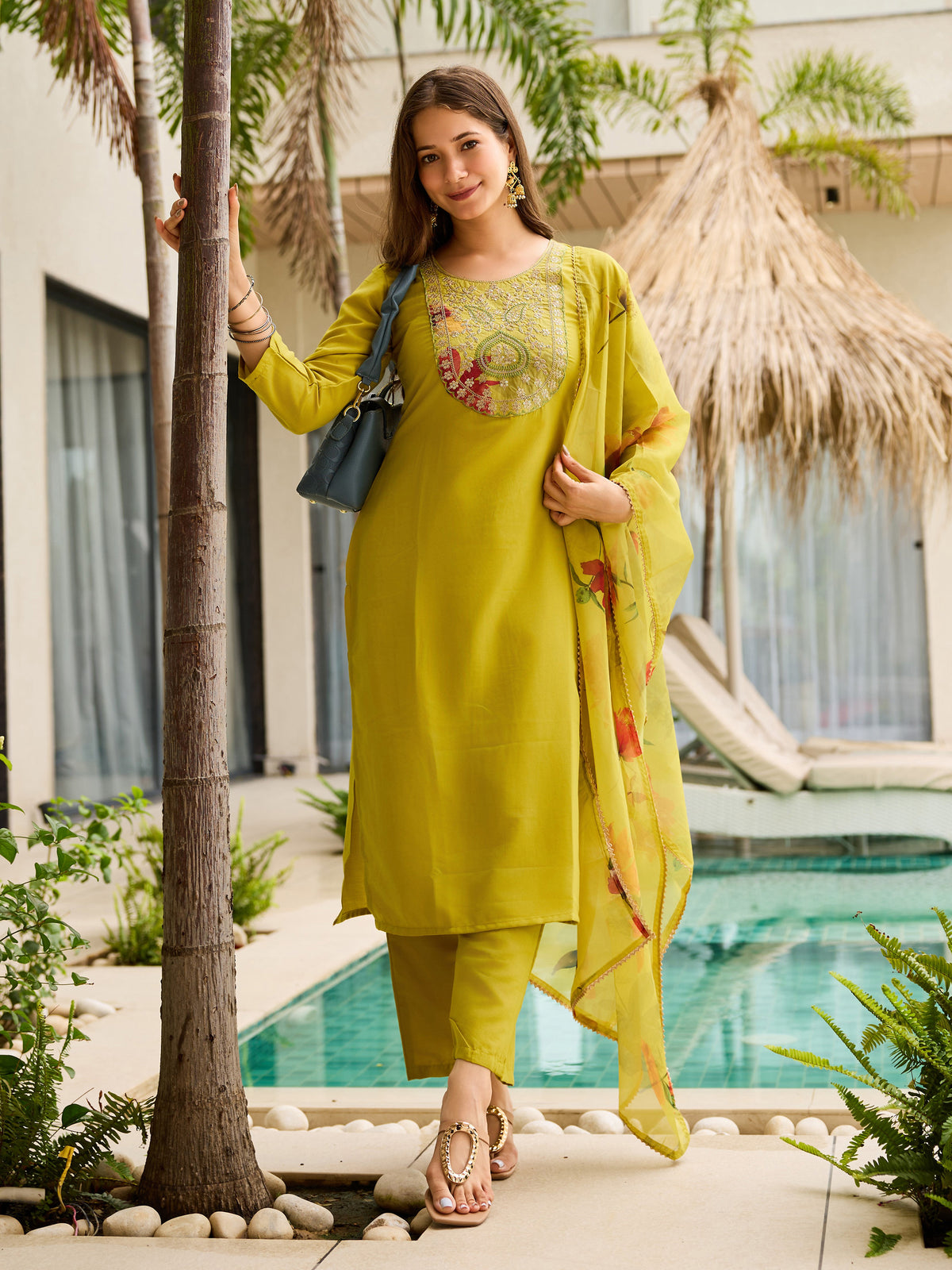 Olive Yellow Embroidered Kurti Set with Dupatta for Women