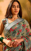 Olive Floral Linen Cotton Saree with Zari Border Style