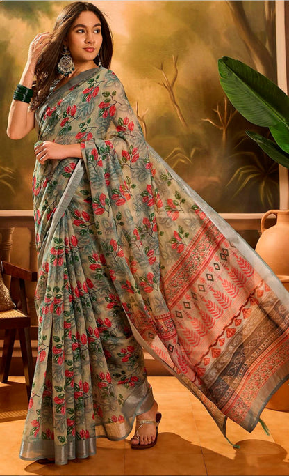 Olive Floral Linen Cotton Saree with Zari Border Style for Women