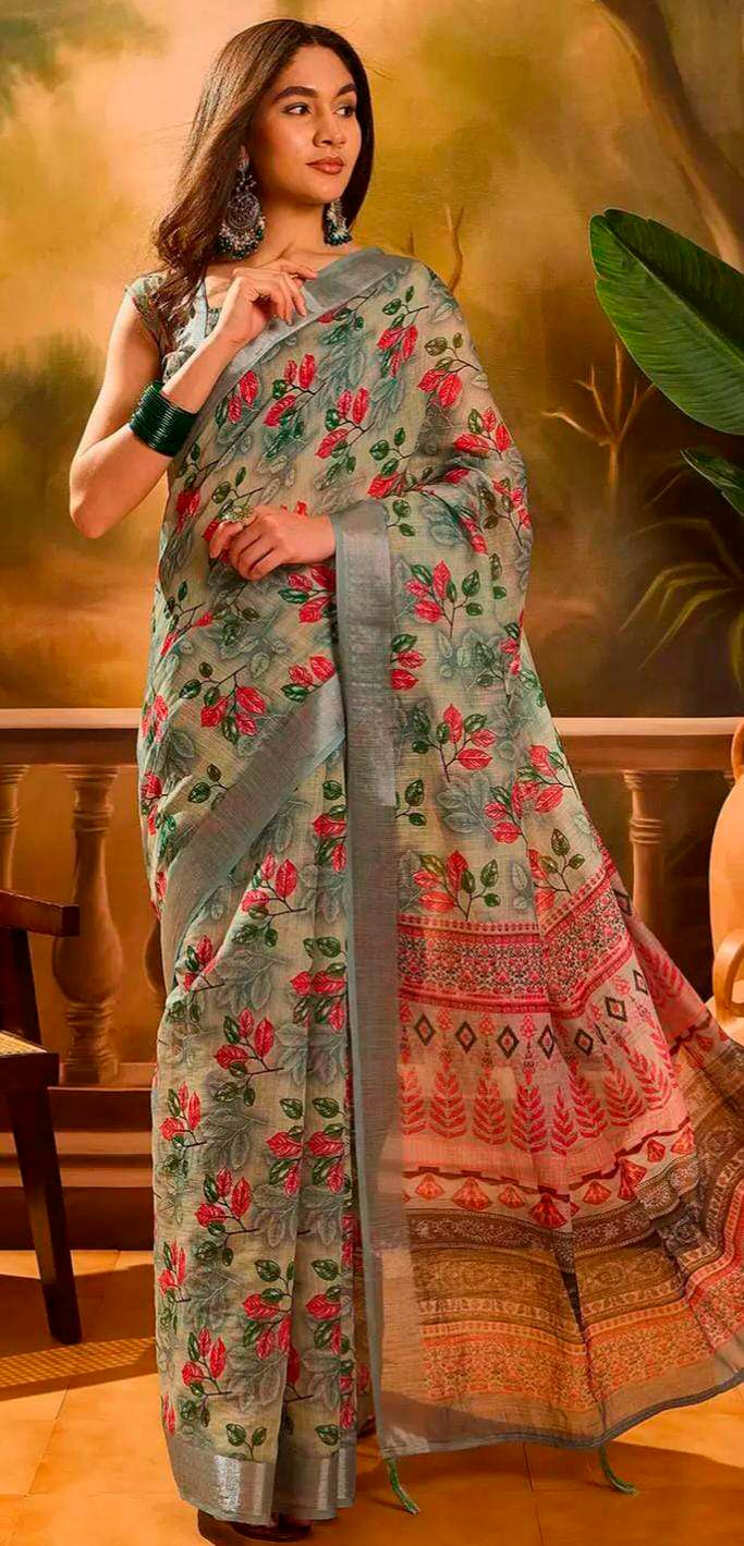 Olive Floral Linen Cotton Saree with Zari Border Style for Women