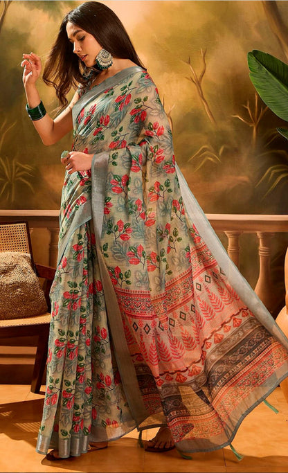 Olive Floral Linen Cotton Saree with Zari Border Style for Women