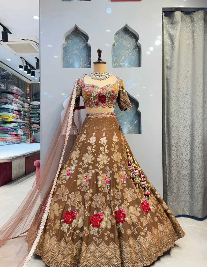 Olive Gold Floral Embroidered Jimmy Chu Lehenga Set