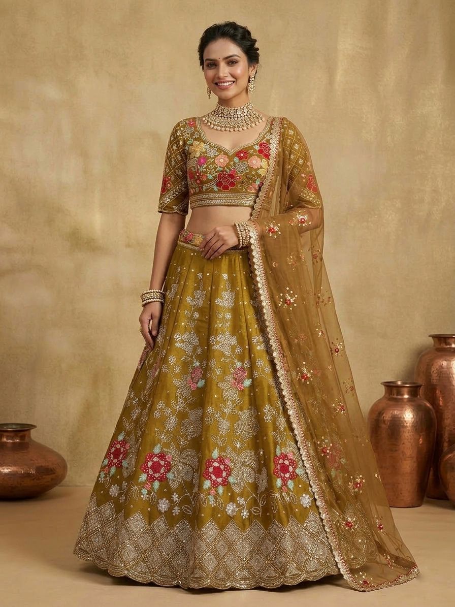 Olive Gold Floral Embroidered Jimmy Chu Lehenga Set