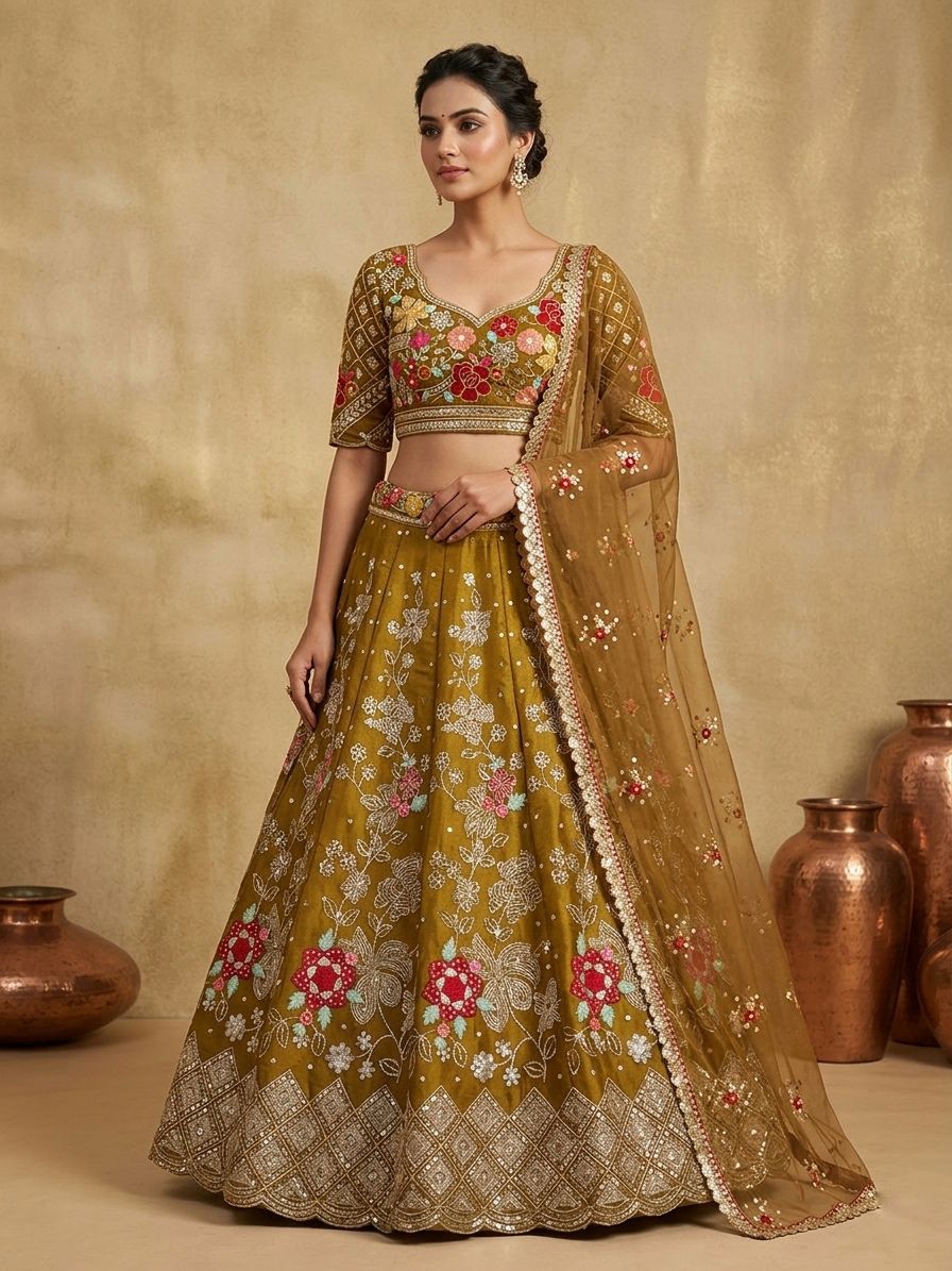 Olive Gold Floral Embroidered Jimmy Chu Lehenga Set