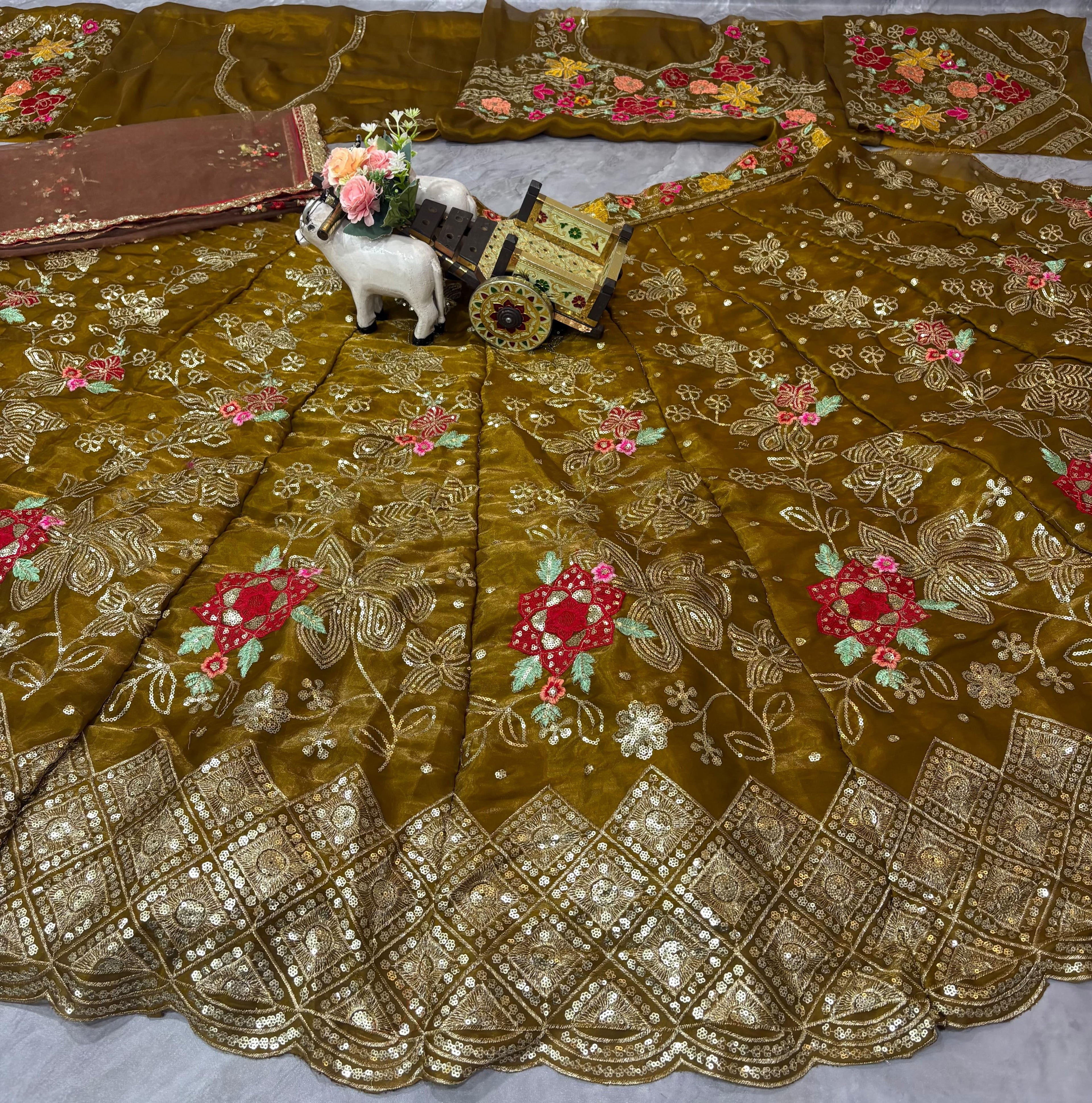 Olive Gold Floral Embroidered Jimmy Chu Lehenga Set