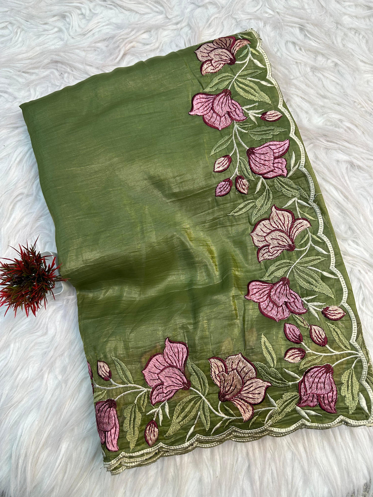 Olive Green Gold Crush Saree with Floral Threadwork for Women
