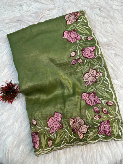 Olive Green Gold Crush Saree with Floral Threadwork for Women