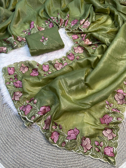 Olive Green Gold Crush Saree with Floral Threadwork for Women
