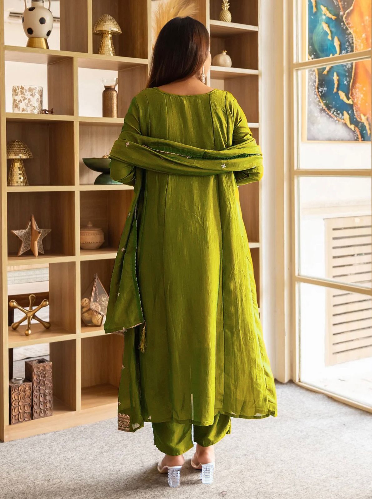 Trendy Olive Green Anarkali Suit Set with Dupatta for Women