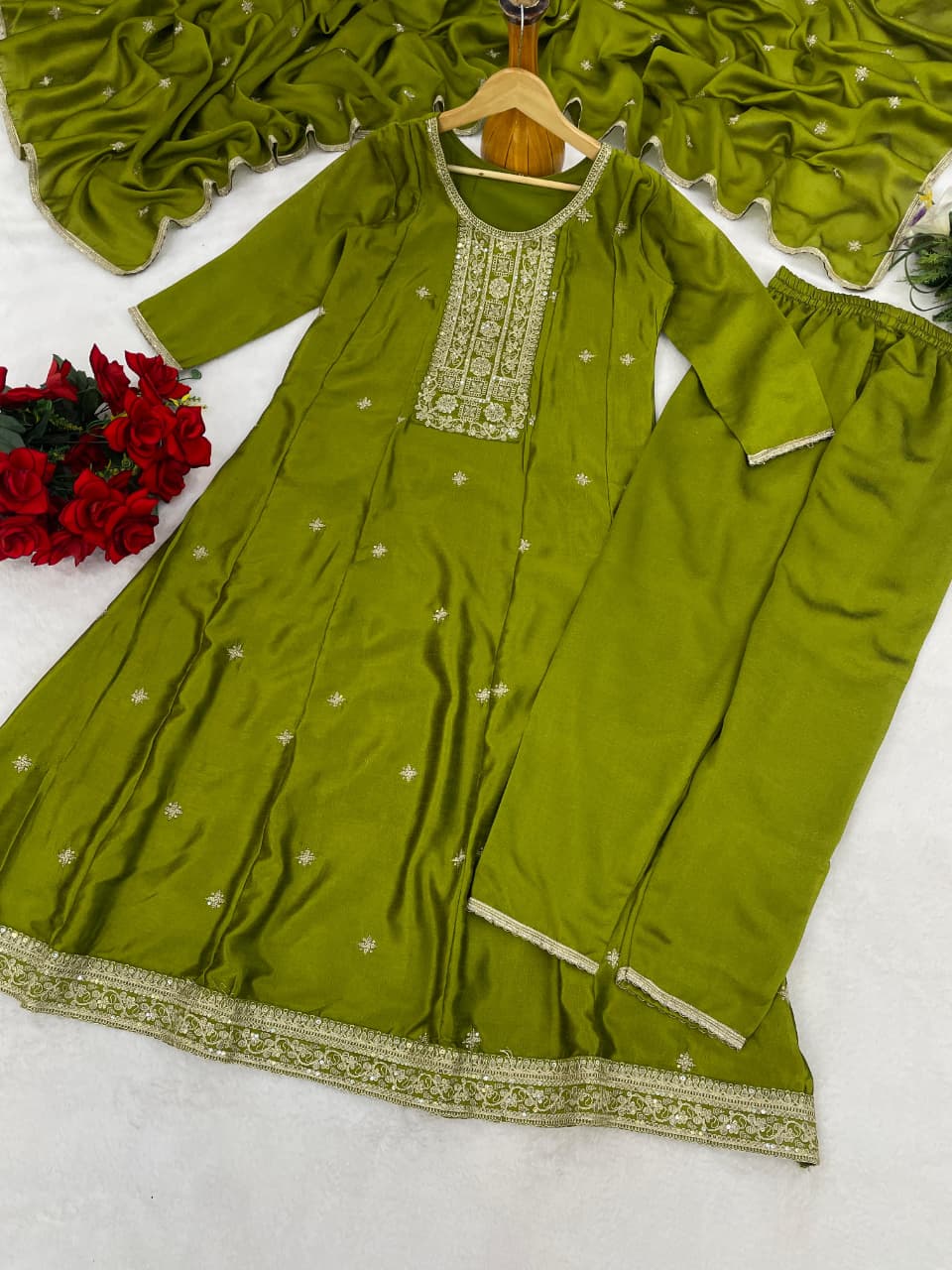 Trendy Olive Green Anarkali Suit Set with Dupatta for Women