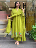 Olive Green Embroidered Chanderi Silk Kurta Set With Dupatta